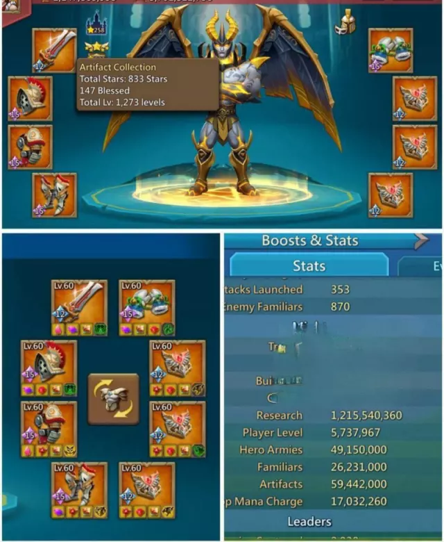 15 mythic champs incl 4 acc / 1600% stats · 2 / 6